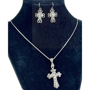 VTG 925 Sterling Silver Cross Pendant Necklace & Earrings Wire Wrapped Crystals